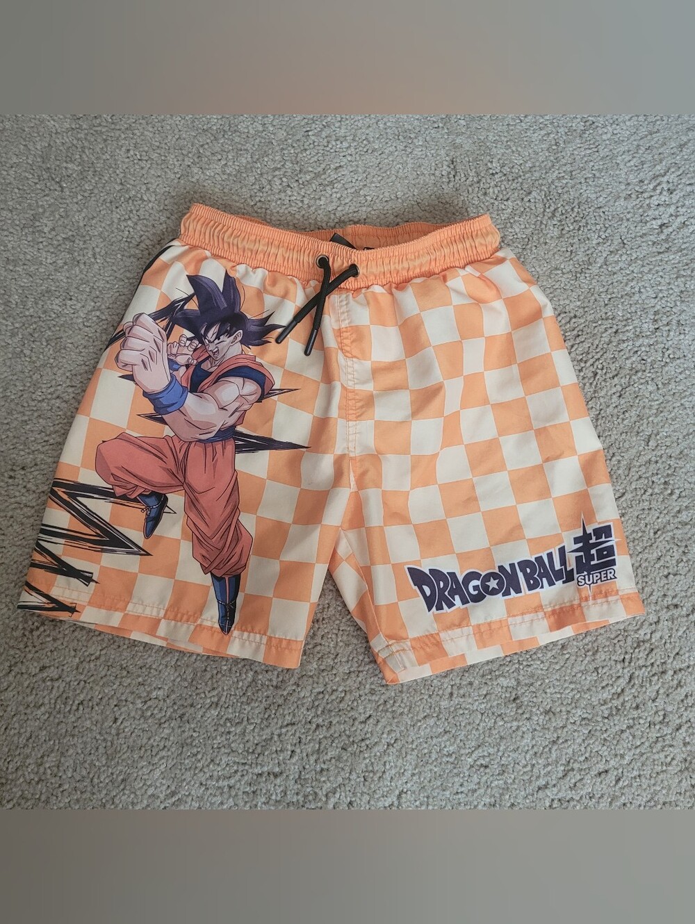Dragon Ball Z Goku Orange White Check Swim Trunks Boys 7-8 Adjustable Drawstring